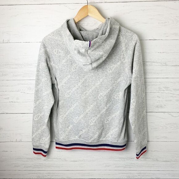 Champion logo hoodie light grey red navy stripe cuffs hem pullover ribbed XS - Picture 2 of 10